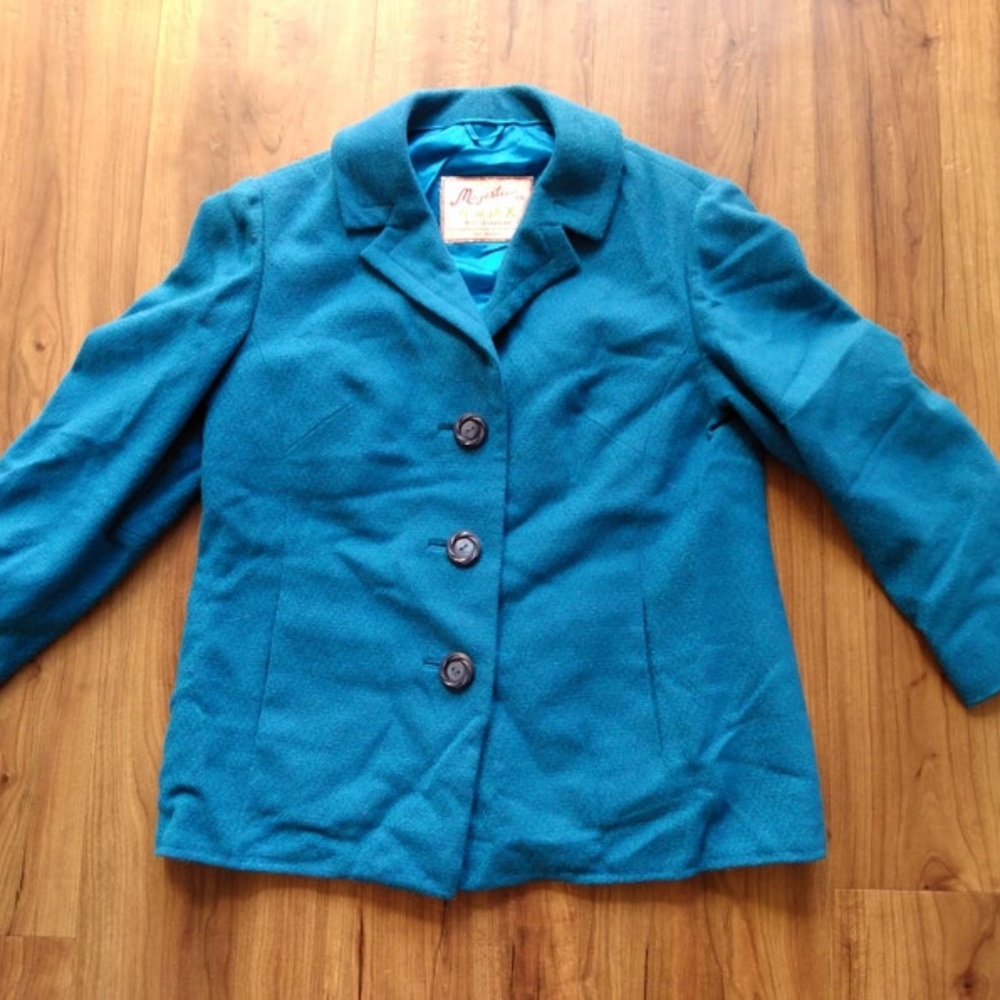 Vintage 60s Jacket 36"B Blue Green Spring Coat Blazer Made in Kowloon Hong Kong